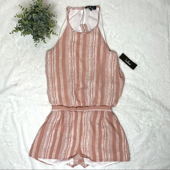 Lulu’s See You Smile Blush Pink Striped Romper Small Sleeveless Shorts - Picture 3 of 8